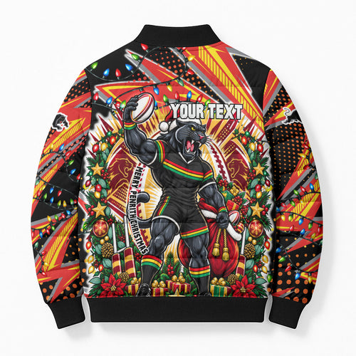 Personalized Penrith Panthers Rugby Christmas Bomber Puffer Jacket Holiday Mascot Graphic Art Festive Lights Bow
