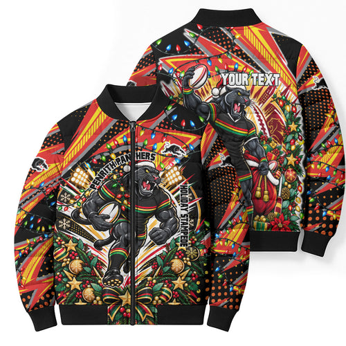 Personalized Penrith Panthers Rugby Christmas Bomber Puffer Jacket Holiday Mascot Graphic Art Festive Lights Bow