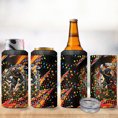Personalized Penrith Panthers Rugby Christmas 4 in 1 Can Cooler Tumbler Holiday Mascot Graphic Art Festive Lights Bow