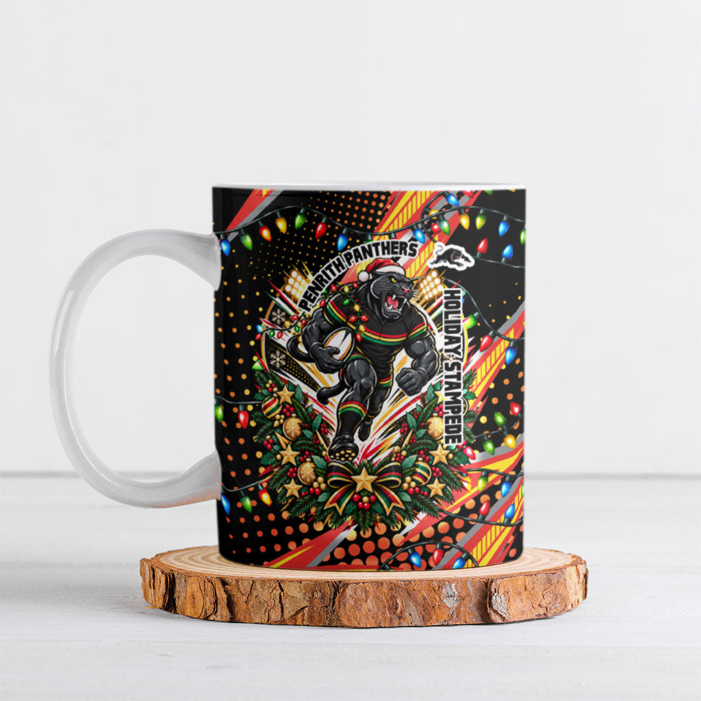 Personalized Penrith Panthers Rugby Christmas Ceramic Mug Holiday Mascot Graphic Art Festive Lights Bow