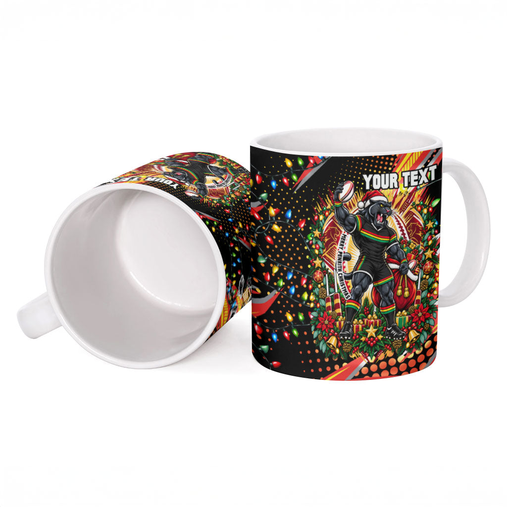 Personalized Penrith Panthers Rugby Christmas Ceramic Mug Holiday Mascot Graphic Art Festive Lights Bow