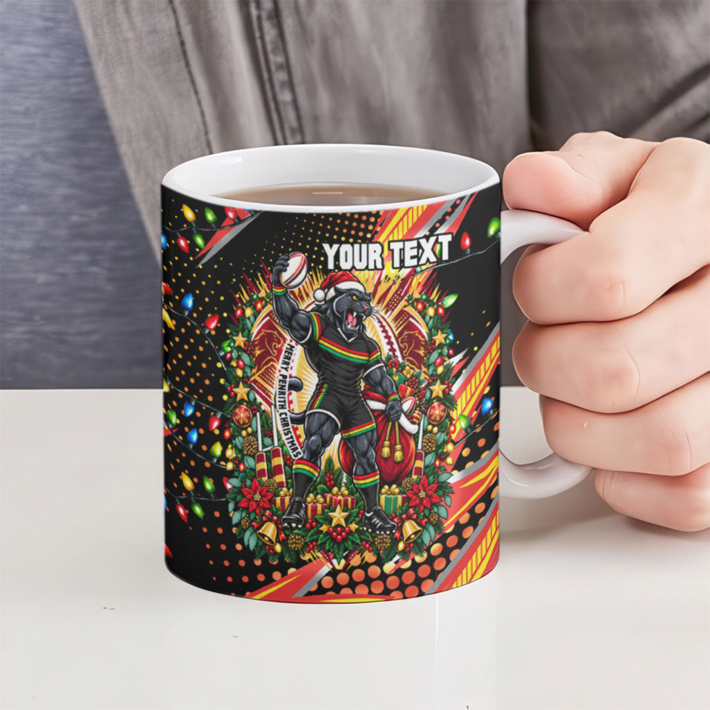 Personalized Penrith Panthers Rugby Christmas Ceramic Mug Holiday Mascot Graphic Art Festive Lights Bow