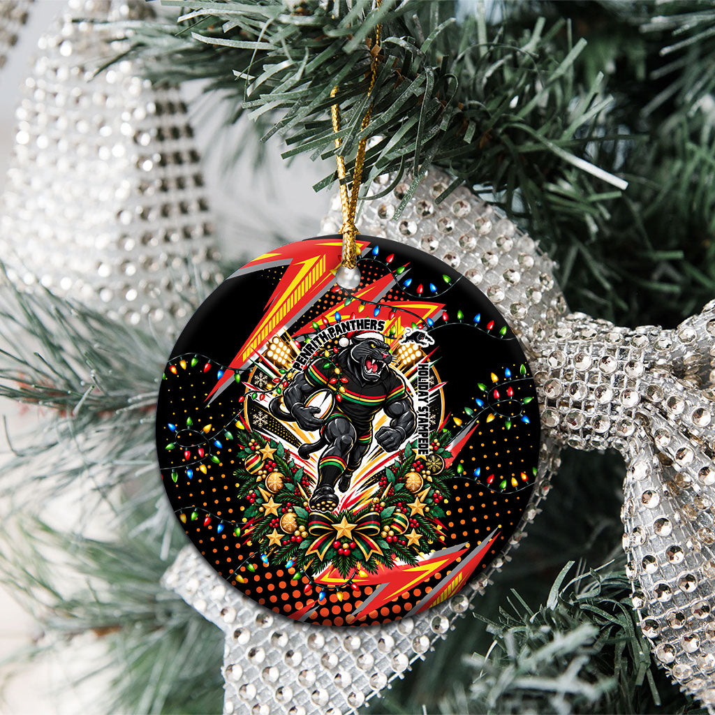 Penrith Panthers Rugby Christmas Ceramic Ornament Holiday Mascot Graphic Art Festive Lights Bow