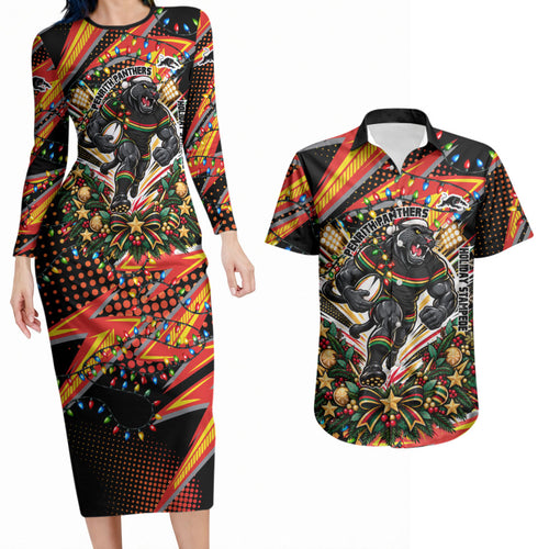 Personalized Penrith Panthers Rugby Christmas Couples Matching Long Sleeve Bodycon Dress and Hawaiian Shirt Holiday Mascot Graphic Art Festive Lights Bow