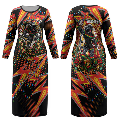 Personalized Penrith Panthers Rugby Christmas Couples Matching Long Sleeve Bodycon Dress and Hawaiian Shirt Holiday Mascot Graphic Art Festive Lights Bow