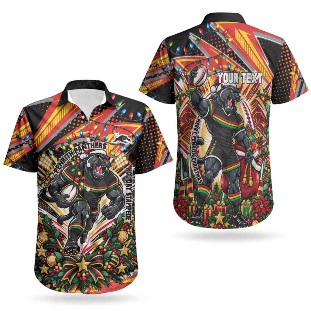 Personalized Penrith Panthers Rugby Christmas Couples Matching Mermaid Dress and Hawaiian Shirt Holiday Mascot Graphic Art Festive Lights Bow
