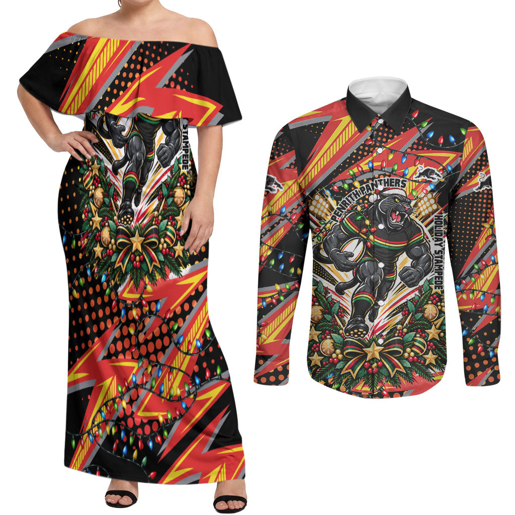 Personalized Penrith Panthers Rugby Christmas Couples Matching Off Shoulder Maxi Dress and Long Sleeve Button Shirt Holiday Mascot Graphic Art Festive Lights Bow
