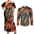 Personalized Penrith Panthers Rugby Christmas Couples Matching Off Shoulder Maxi Dress and Long Sleeve Button Shirt Holiday Mascot Graphic Art Festive Lights Bow