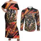 Personalized Penrith Panthers Rugby Christmas Couples Matching Off Shoulder Maxi Dress and Long Sleeve Button Shirt Holiday Mascot Graphic Art Festive Lights Bow