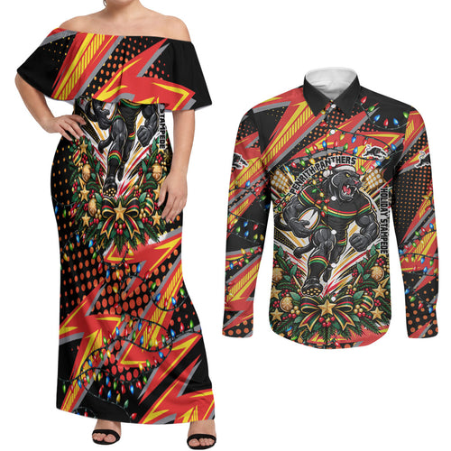 Personalized Penrith Panthers Rugby Christmas Couples Matching Off Shoulder Maxi Dress and Long Sleeve Button Shirt Holiday Mascot Graphic Art Festive Lights Bow