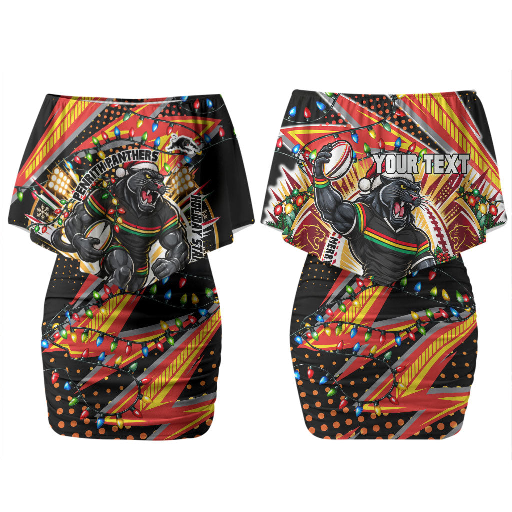 Personalized Penrith Panthers Rugby Christmas Couples Matching Off Shoulder Short Dress and Long Sleeve Button Shirt Holiday Mascot Graphic Art Festive Lights Bow