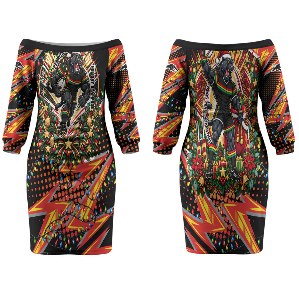 Personalized Penrith Panthers Rugby Christmas Couples Matching Off The Shoulder Long Sleeve Dress and Long Sleeve Button Shirt Holiday Mascot Graphic Art Festive Lights Bow