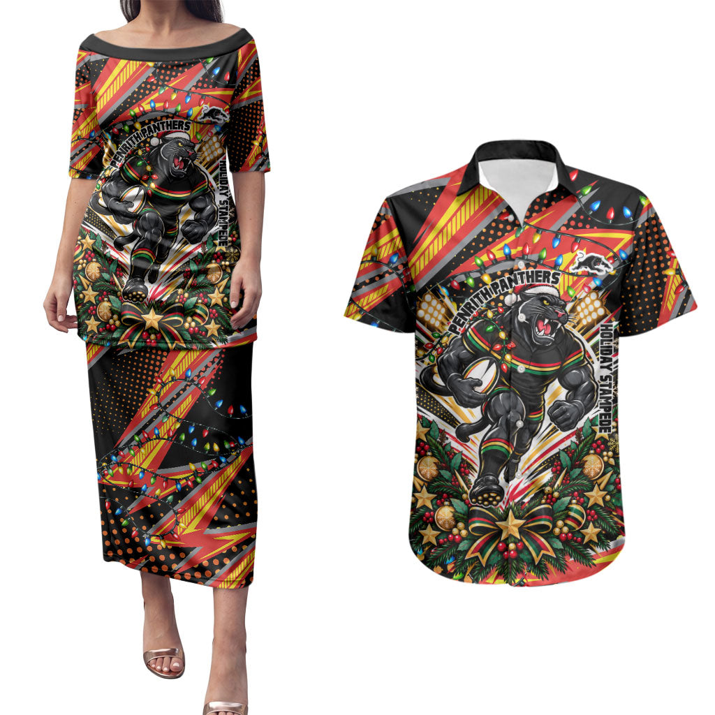 Personalized Penrith Panthers Rugby Christmas Couples Matching Puletasi and Hawaiian Shirt Holiday Mascot Graphic Art Festive Lights Bow