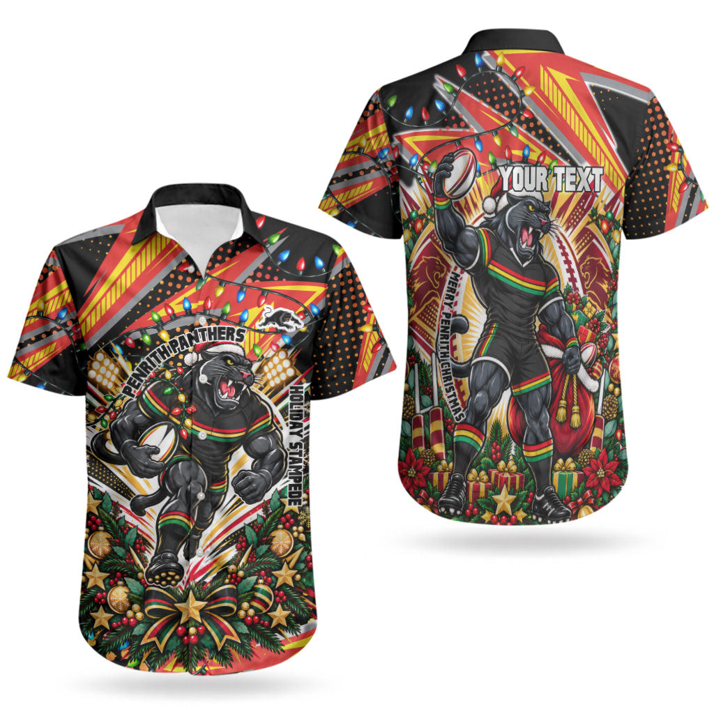 Personalized Penrith Panthers Rugby Christmas Couples Matching Puletasi and Hawaiian Shirt Holiday Mascot Graphic Art Festive Lights Bow