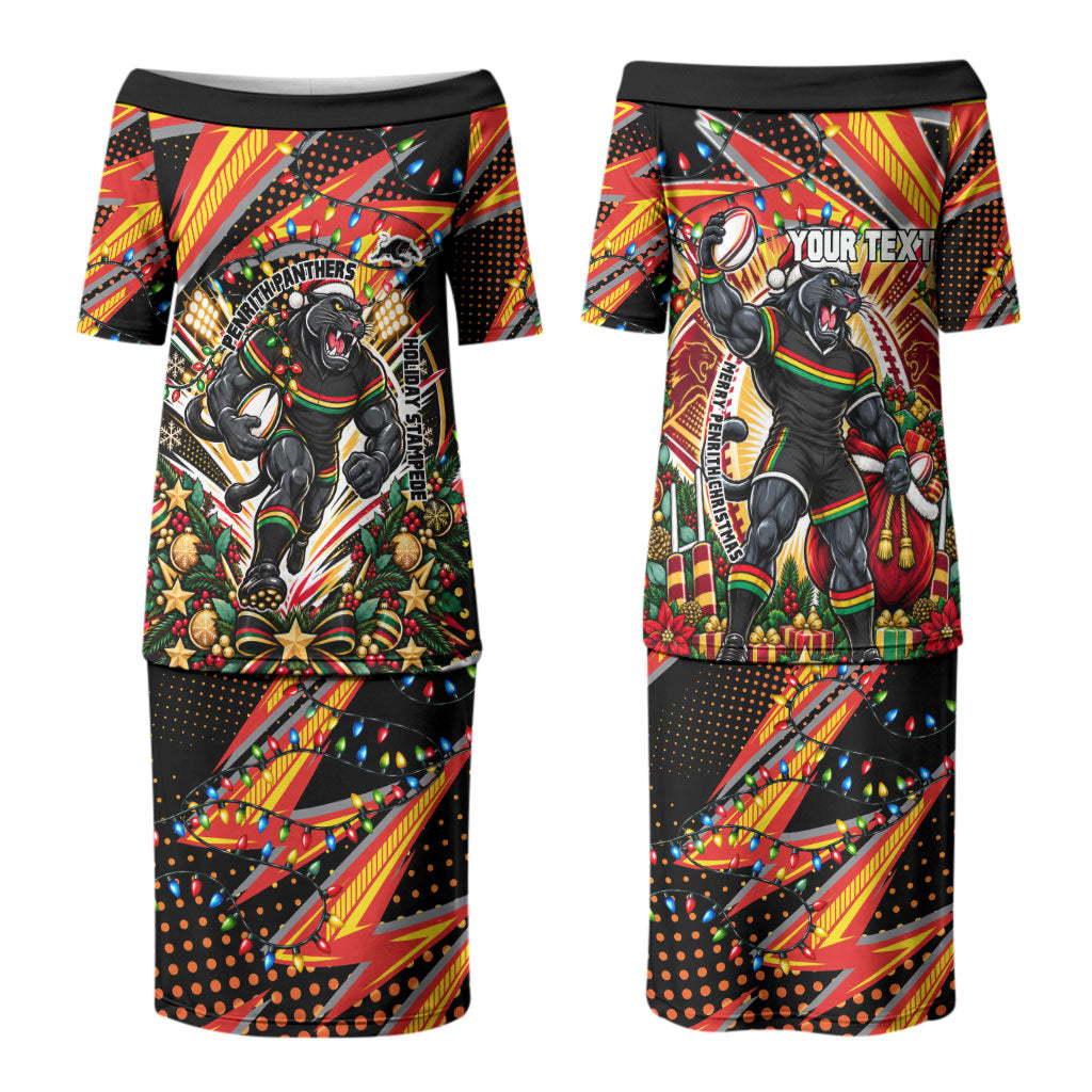 Personalized Penrith Panthers Rugby Christmas Couples Matching Puletasi and Hawaiian Shirt Holiday Mascot Graphic Art Festive Lights Bow
