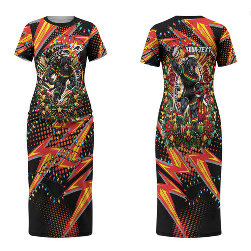 Personalized Penrith Panthers Rugby Christmas Couples Matching Short Sleeve Bodycon Dress and Hawaiian Shirt Holiday Mascot Graphic Art Festive Lights Bow