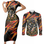 Personalized Penrith Panthers Rugby Christmas Couples Matching Short Sleeve Bodycon Dress and Long Sleeve Button Shirt Holiday Mascot Graphic Art Festive Lights Bow