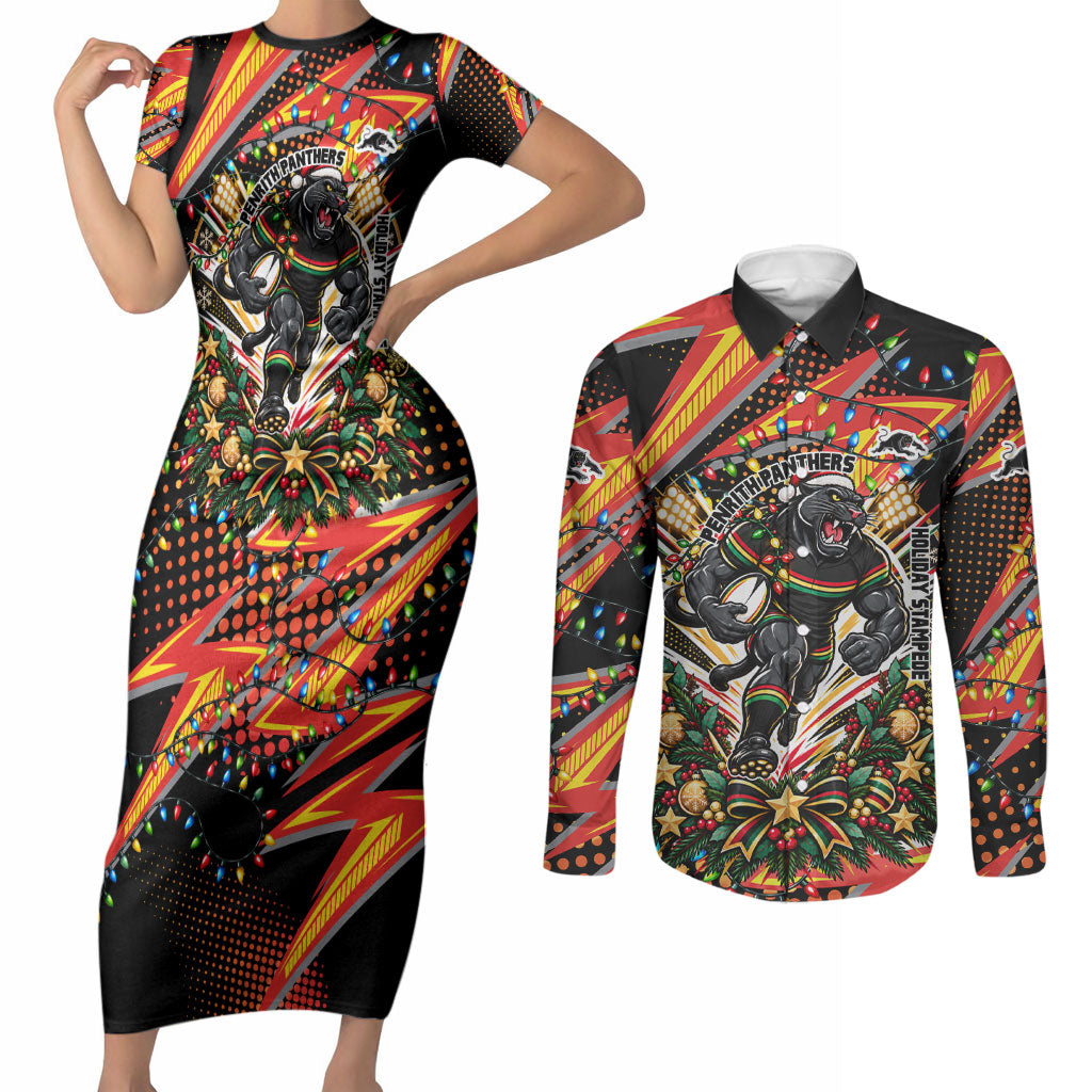 Personalized Penrith Panthers Rugby Christmas Couples Matching Short Sleeve Bodycon Dress and Long Sleeve Button Shirt Holiday Mascot Graphic Art Festive Lights Bow