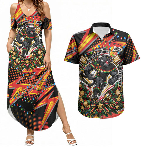 Personalized Penrith Panthers Rugby Christmas Couples Matching Summer Maxi Dress and Hawaiian Shirt Holiday Mascot Graphic Art Festive Lights Bow