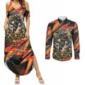 Personalized Penrith Panthers Rugby Christmas Couples Matching Summer Maxi Dress and Long Sleeve Button Shirt Holiday Mascot Graphic Art Festive Lights Bow