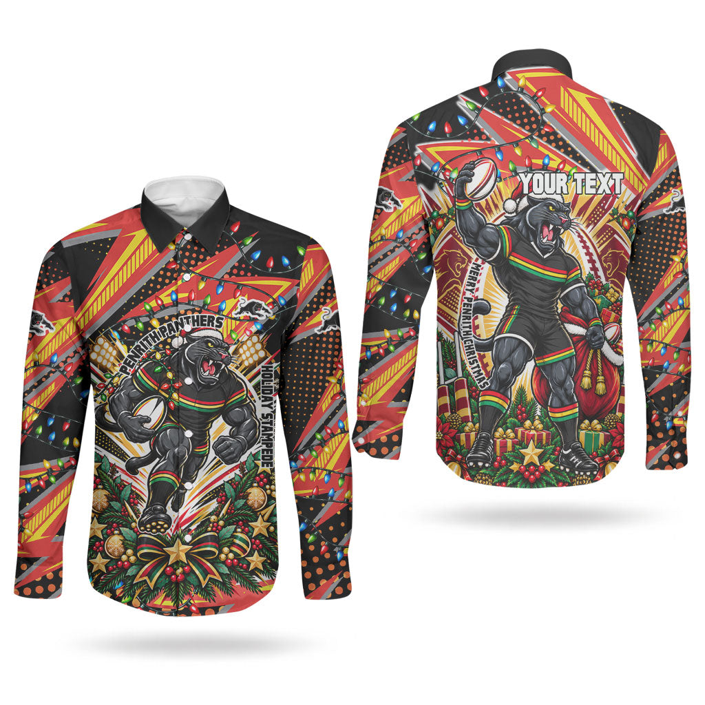 Personalized Penrith Panthers Rugby Christmas Couples Matching Summer Maxi Dress and Long Sleeve Button Shirt Holiday Mascot Graphic Art Festive Lights Bow