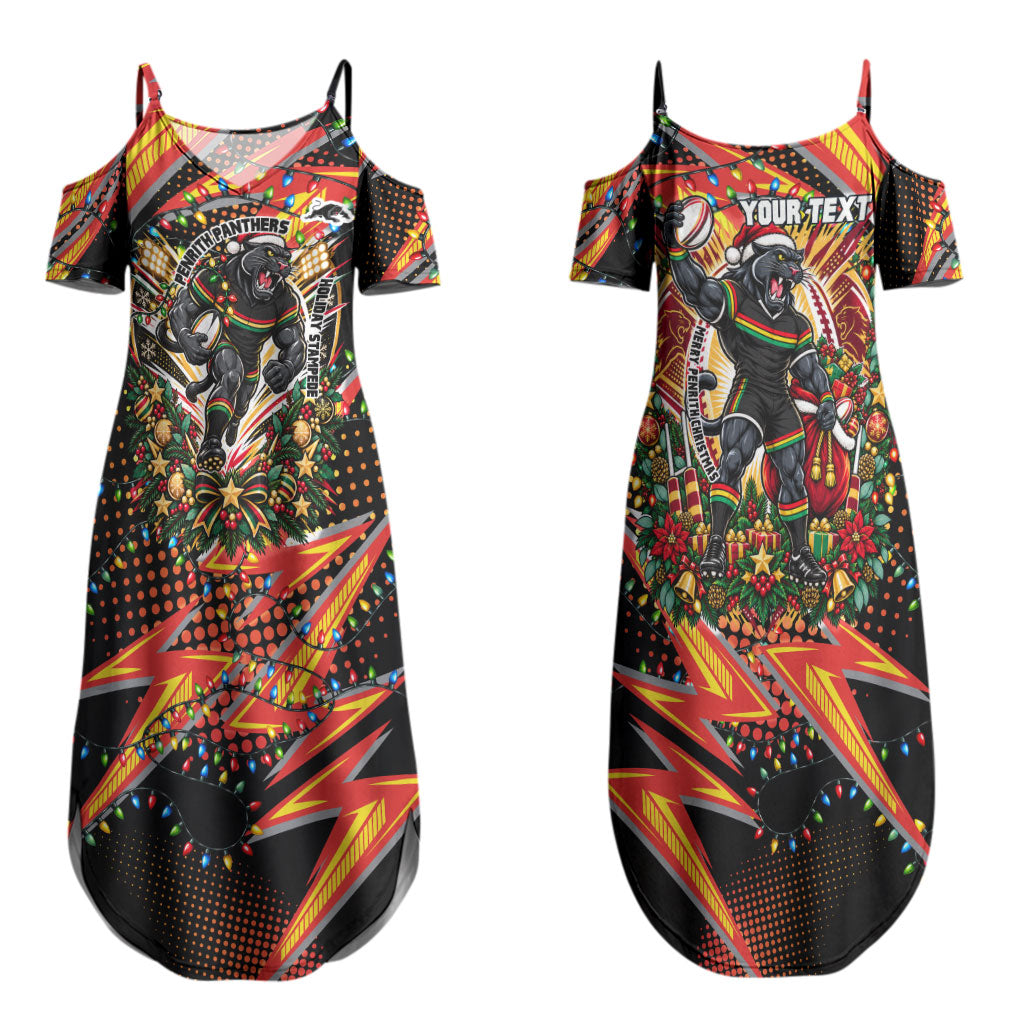 Personalized Penrith Panthers Rugby Christmas Couples Matching Summer Maxi Dress and Long Sleeve Button Shirt Holiday Mascot Graphic Art Festive Lights Bow