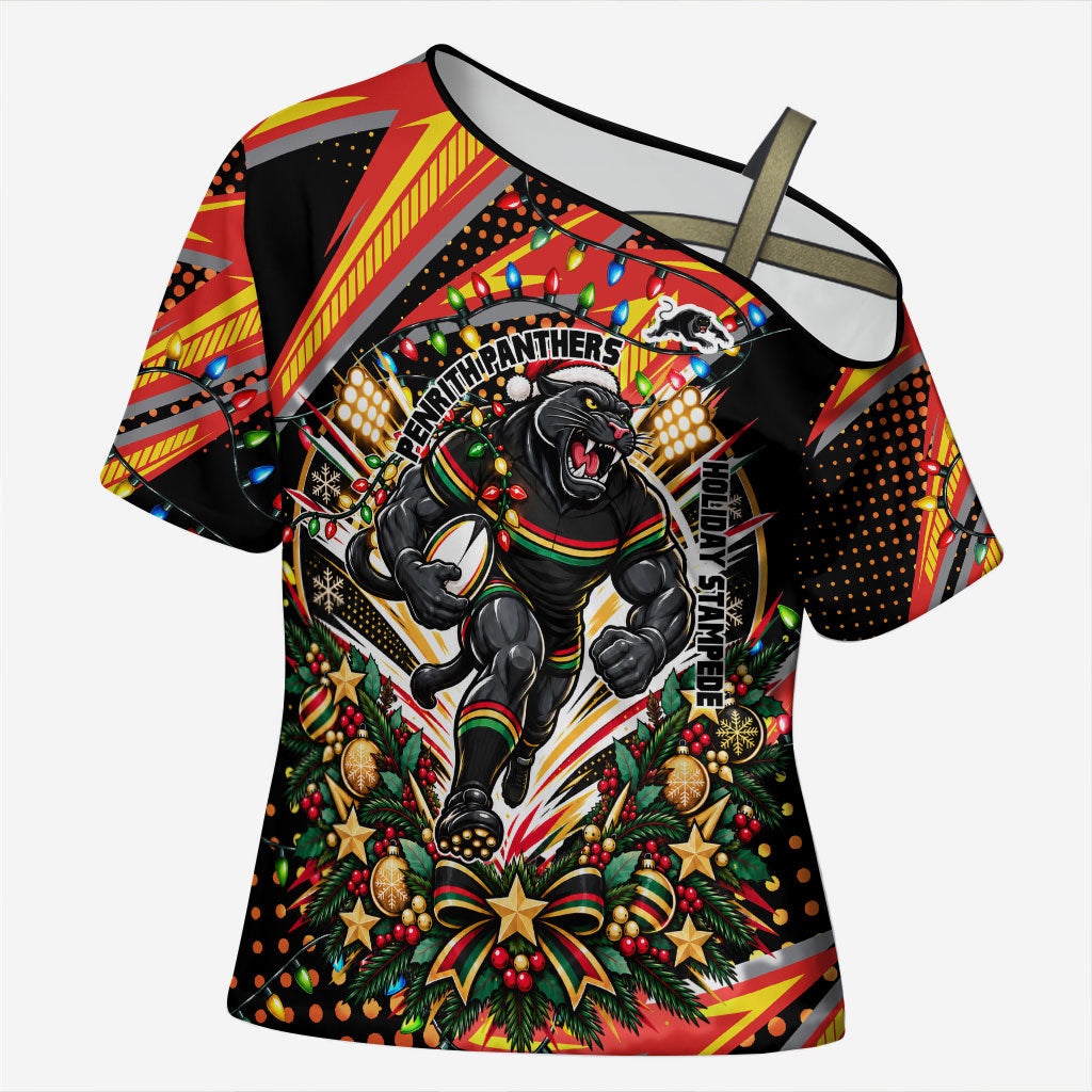 Personalized Penrith Panthers Rugby Christmas Cross Shoulder Shirt Holiday Mascot Graphic Art Festive Lights Bow