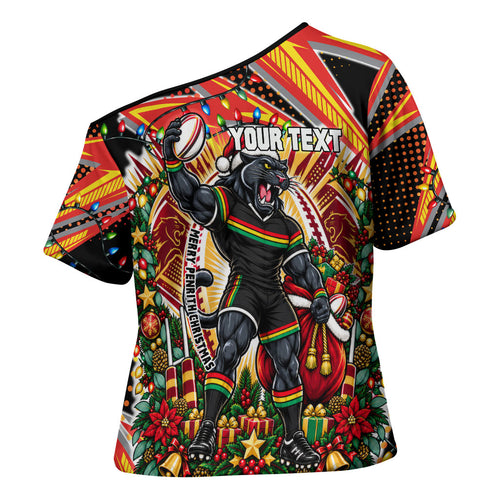 Personalized Penrith Panthers Rugby Christmas Cross Shoulder Shirt Holiday Mascot Graphic Art Festive Lights Bow