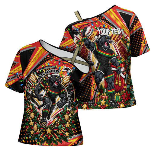 Personalized Penrith Panthers Rugby Christmas Cross Shoulder Shirt Holiday Mascot Graphic Art Festive Lights Bow