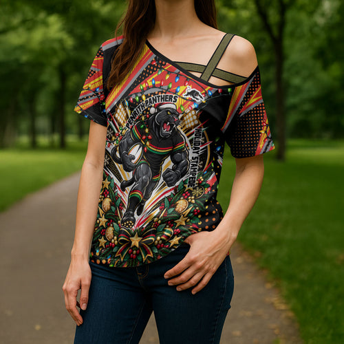 Personalized Penrith Panthers Rugby Christmas Cross Shoulder Shirt Holiday Mascot Graphic Art Festive Lights Bow