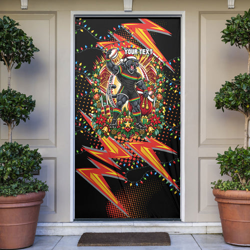 Personalized Penrith Panthers Rugby Christmas Door Cover Holiday Mascot Graphic Art Festive Lights Bow