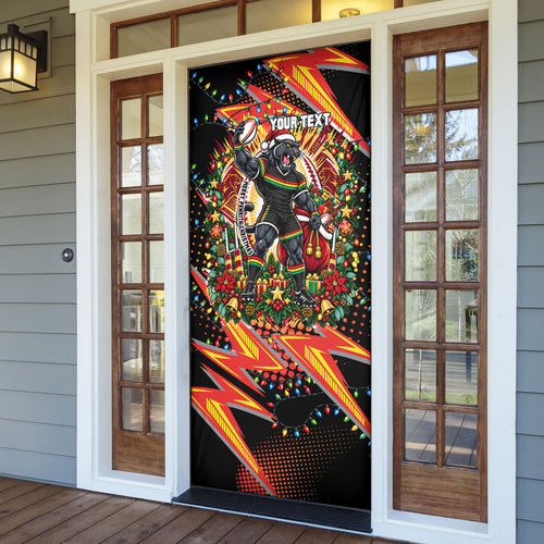 Personalized Penrith Panthers Rugby Christmas Door Cover Holiday Mascot Graphic Art Festive Lights Bow