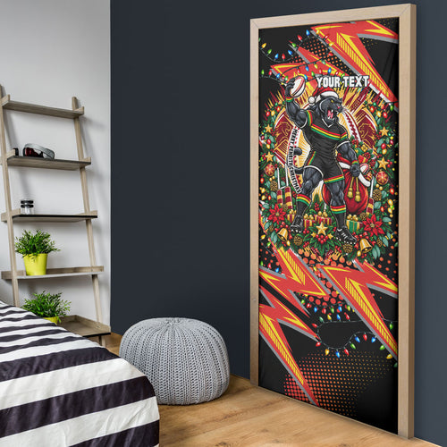 Personalized Penrith Panthers Rugby Christmas Door Cover Holiday Mascot Graphic Art Festive Lights Bow