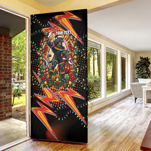 Personalized Penrith Panthers Rugby Christmas Door Cover Holiday Mascot Graphic Art Festive Lights Bow