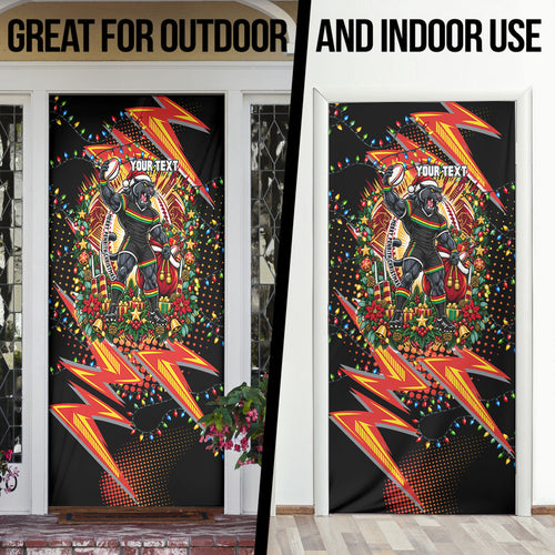 Personalized Penrith Panthers Rugby Christmas Door Cover Holiday Mascot Graphic Art Festive Lights Bow