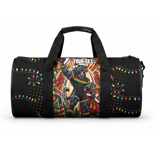 Personalized Penrith Panthers Rugby Christmas Duffle Bag Holiday Mascot Graphic Art Festive Lights Bow