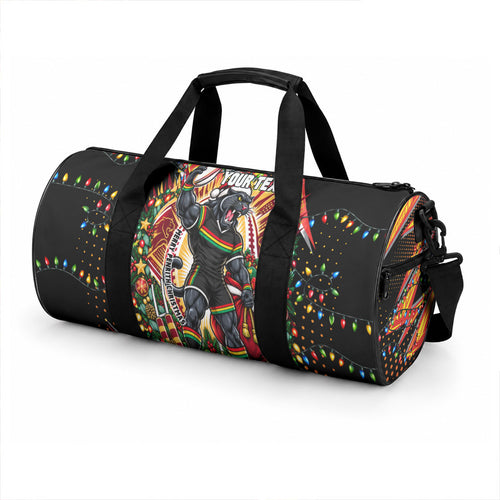 Personalized Penrith Panthers Rugby Christmas Duffle Bag Holiday Mascot Graphic Art Festive Lights Bow