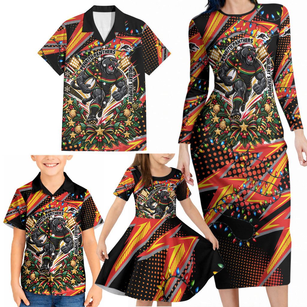 Personalized Penrith Panthers Rugby Christmas Family Matching Long Sleeve Bodycon Dress and Hawaiian Shirt Holiday Mascot Graphic Art Festive Lights Bow