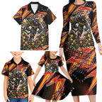 Personalized Penrith Panthers Rugby Christmas Family Matching Long Sleeve Bodycon Dress and Hawaiian Shirt Holiday Mascot Graphic Art Festive Lights Bow