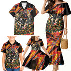 Personalized Penrith Panthers Rugby Christmas Family Matching Mermaid Dress and Hawaiian Shirt Holiday Mascot Graphic Art Festive Lights Bow