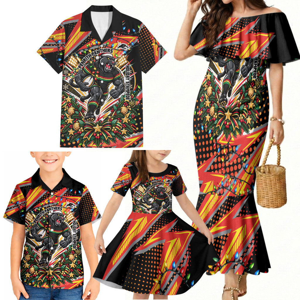 Personalized Penrith Panthers Rugby Christmas Family Matching Mermaid Dress and Hawaiian Shirt Holiday Mascot Graphic Art Festive Lights Bow