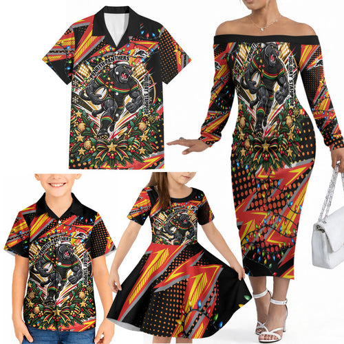 Personalized Penrith Panthers Rugby Christmas Family Matching Off The Shoulder Long Sleeve Dress and Hawaiian Shirt Holiday Mascot Graphic Art Festive Lights Bow