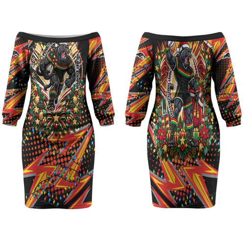 Personalized Penrith Panthers Rugby Christmas Family Matching Off The Shoulder Long Sleeve Dress and Hawaiian Shirt Holiday Mascot Graphic Art Festive Lights Bow