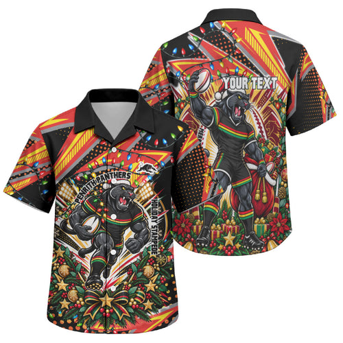 Personalized Penrith Panthers Rugby Christmas Family Matching Off The Shoulder Long Sleeve Dress and Hawaiian Shirt Holiday Mascot Graphic Art Festive Lights Bow