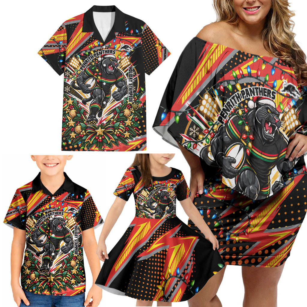 Personalized Penrith Panthers Rugby Christmas Family Matching Off Shoulder Short Dress and Hawaiian Shirt Holiday Mascot Graphic Art Festive Lights Bow