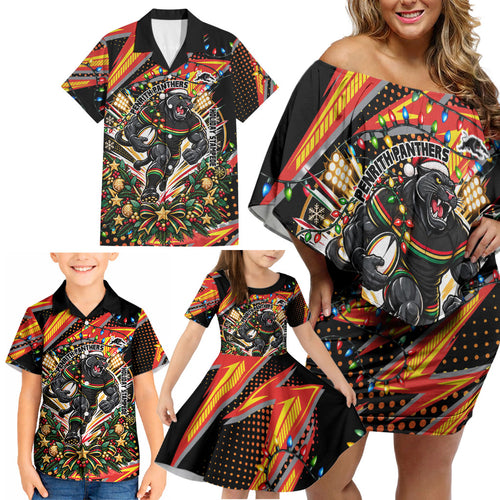 Personalized Penrith Panthers Rugby Christmas Family Matching Off Shoulder Short Dress and Hawaiian Shirt Holiday Mascot Graphic Art Festive Lights Bow
