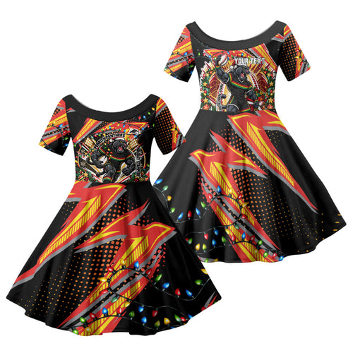 Personalized Penrith Panthers Rugby Christmas Family Matching Off Shoulder Short Dress and Hawaiian Shirt Holiday Mascot Graphic Art Festive Lights Bow