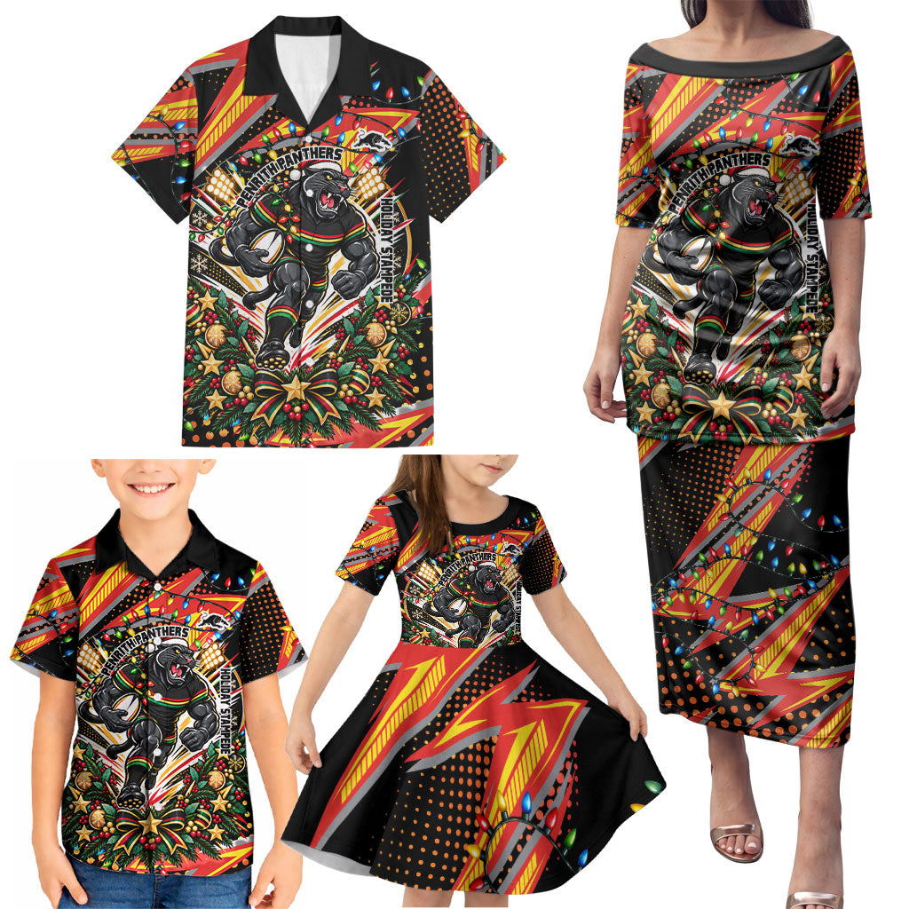Personalized Penrith Panthers Rugby Christmas Family Matching Puletasi and Hawaiian Shirt Holiday Mascot Graphic Art Festive Lights Bow