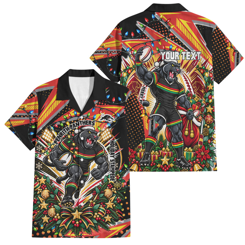 Personalized Penrith Panthers Rugby Christmas Family Matching Puletasi and Hawaiian Shirt Holiday Mascot Graphic Art Festive Lights Bow