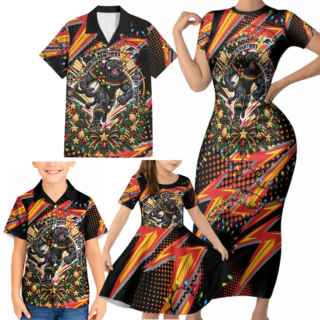 Personalized Penrith Panthers Rugby Christmas Family Matching Short Sleeve Bodycon Dress and Hawaiian Shirt Holiday Mascot Graphic Art Festive Lights Bow